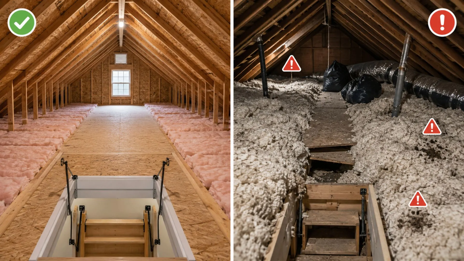 Clean attic compared with cluttered attic insulation and access paths.