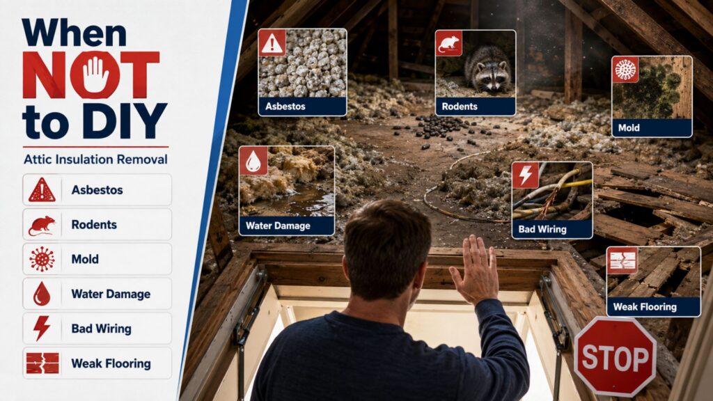 When Not to DIY Attic Insulation Removal (Asbestos, Mold, and Safety Hazards).