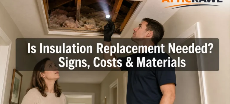 Homeowner and contractor inspecting attic insulation through access hatch.