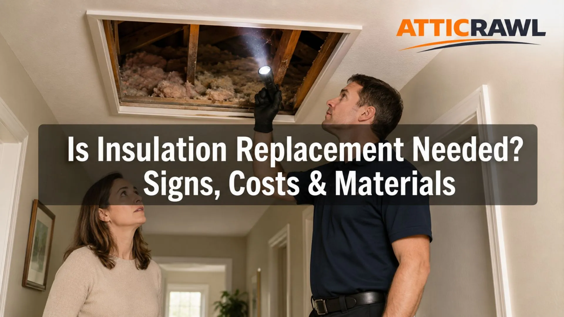 Homeowner and contractor inspecting attic insulation through access hatch.