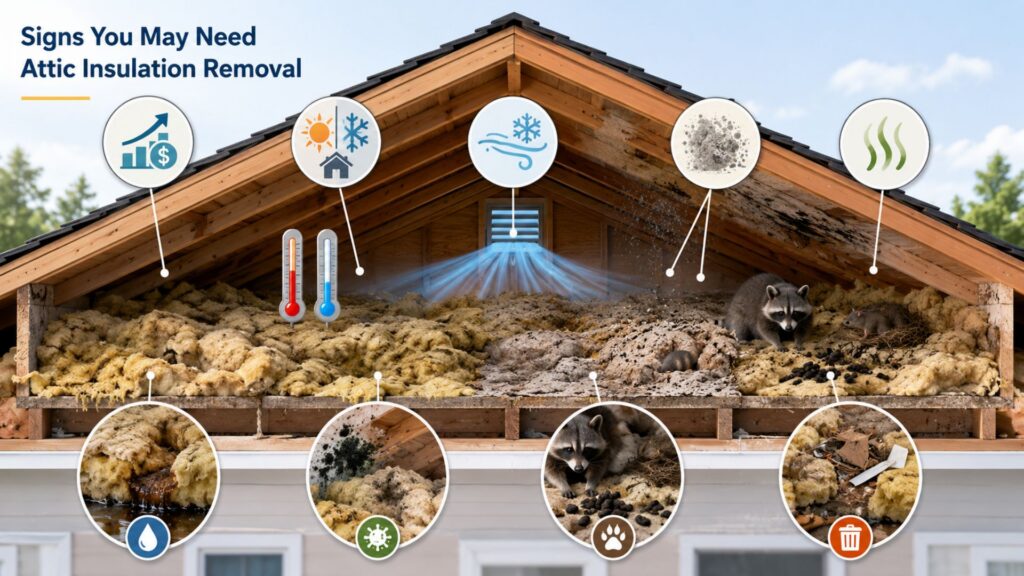 Attic insulation warning signs, including mold, pests, and damage.