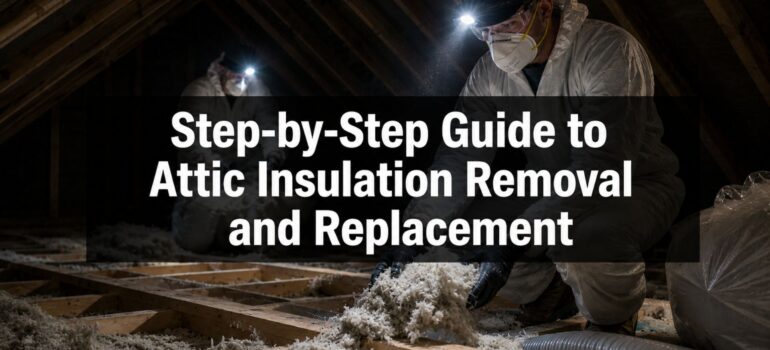 Professionals performing attic insulation removal with protective gear and headlamps.