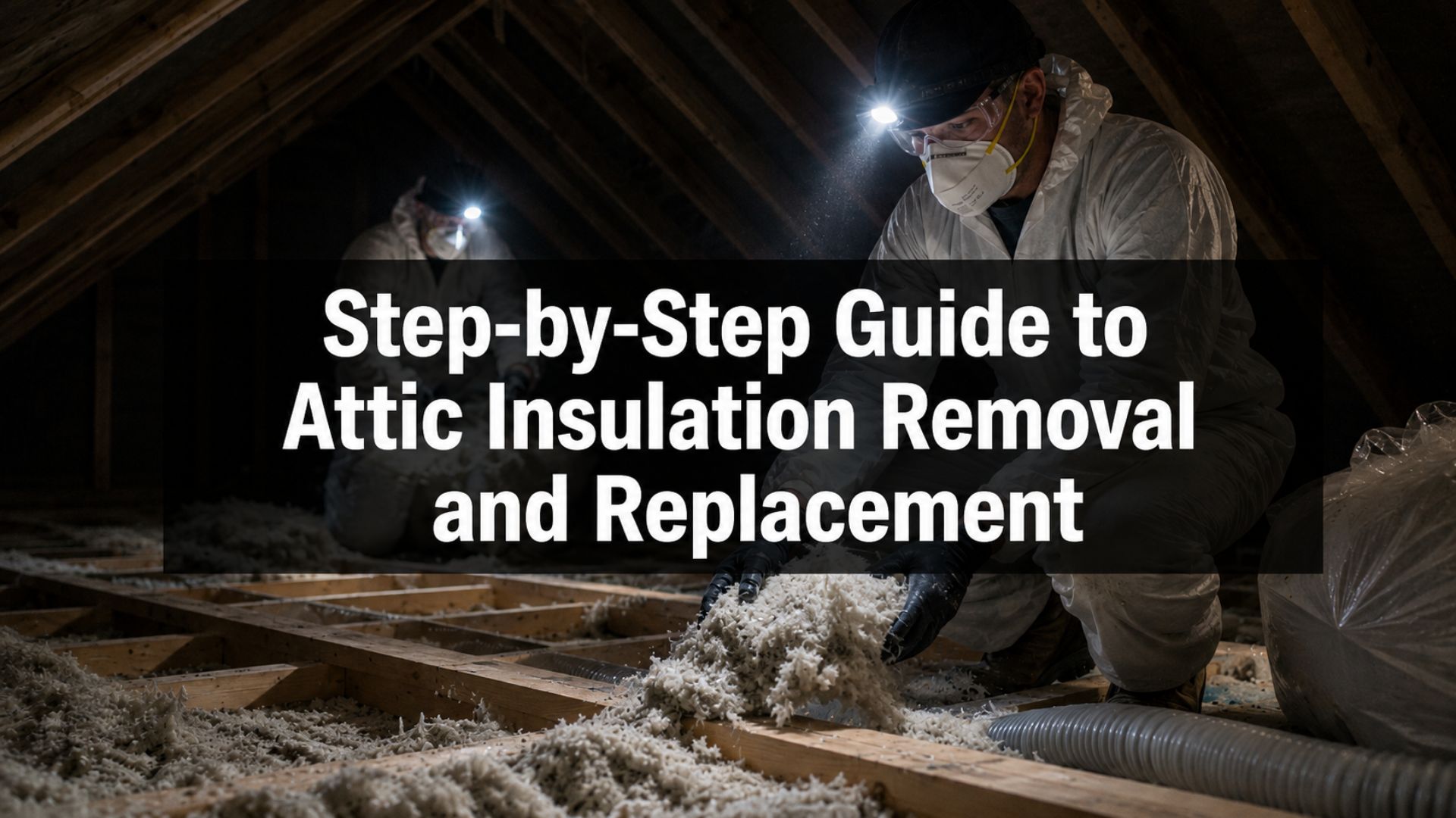 Professionals performing attic insulation removal with protective gear and headlamps.