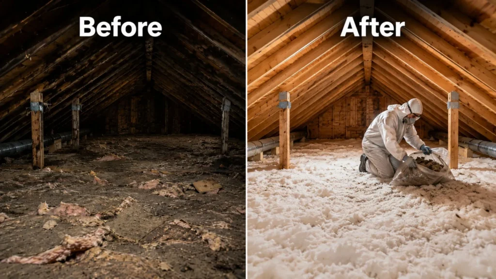 Before and after attic insulation cleanup with the contractor at work.