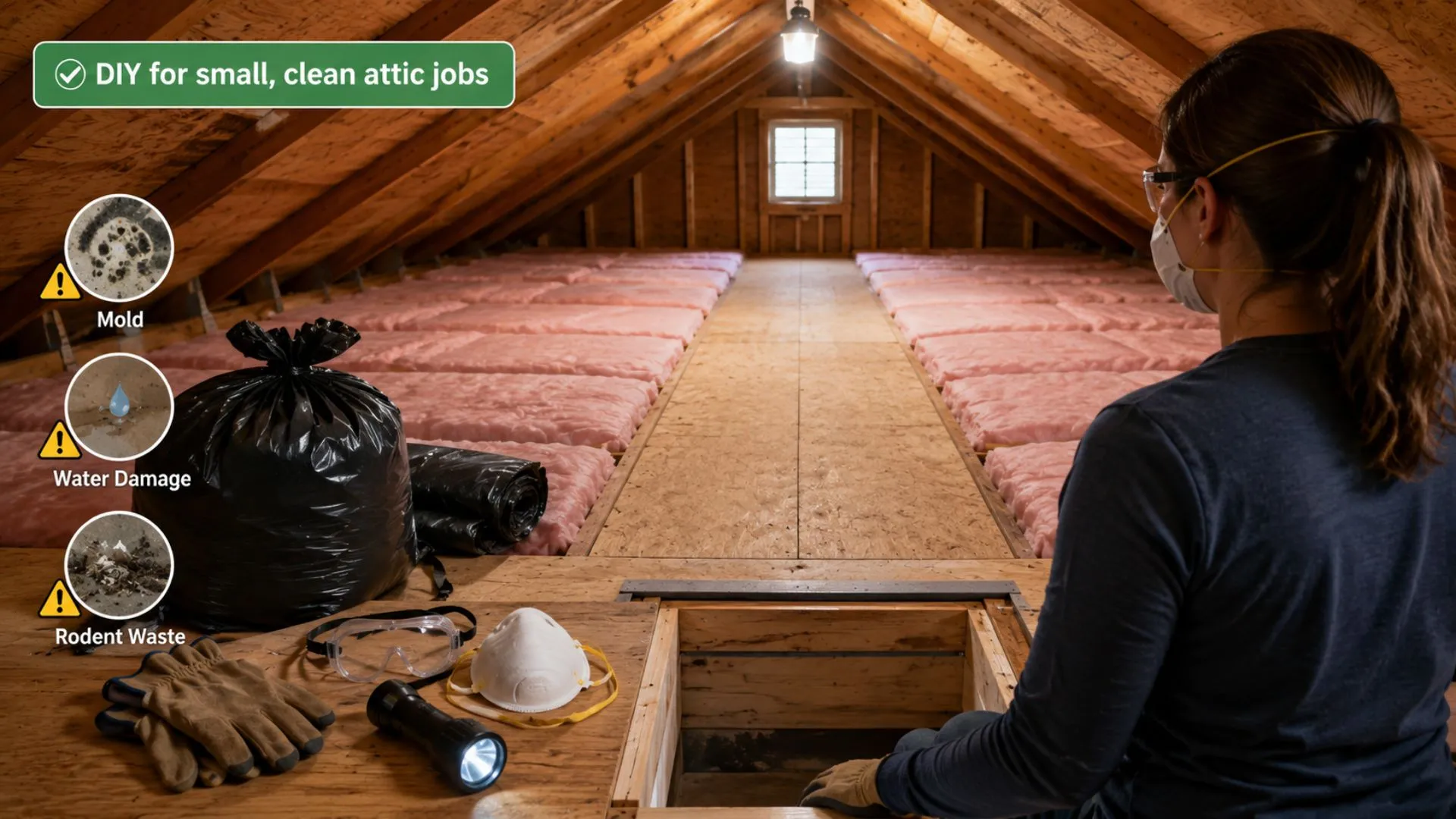 DIY attic insulation removal setup with safety gear and warning signs.
