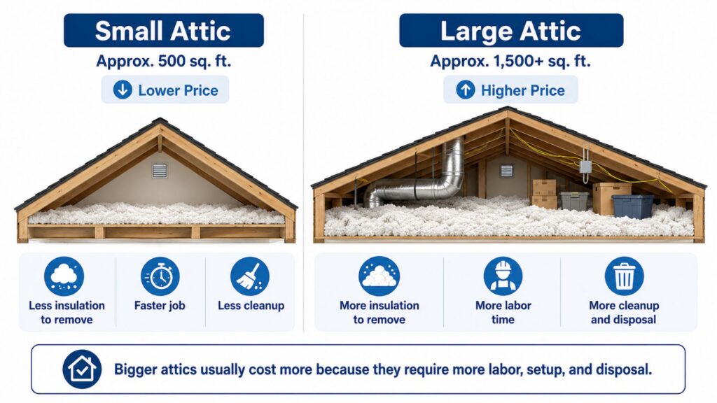 Small vs. large attic comparison showing factors that affect removal costs.