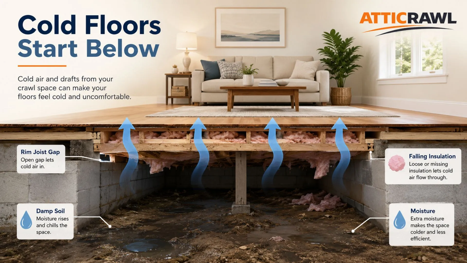 Cutaway diagram showing crawl space insulation causing cold floors.