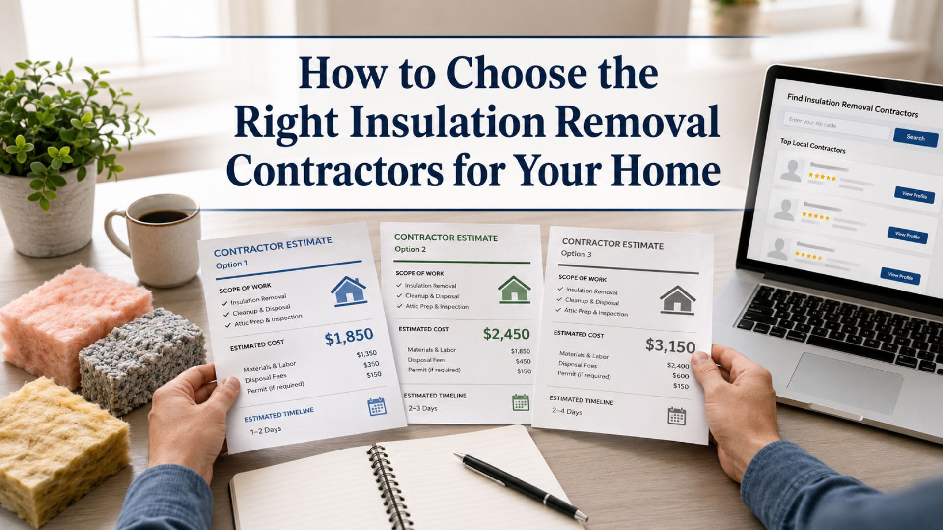 Homeowner comparing insulation removal contractor estimates and options.