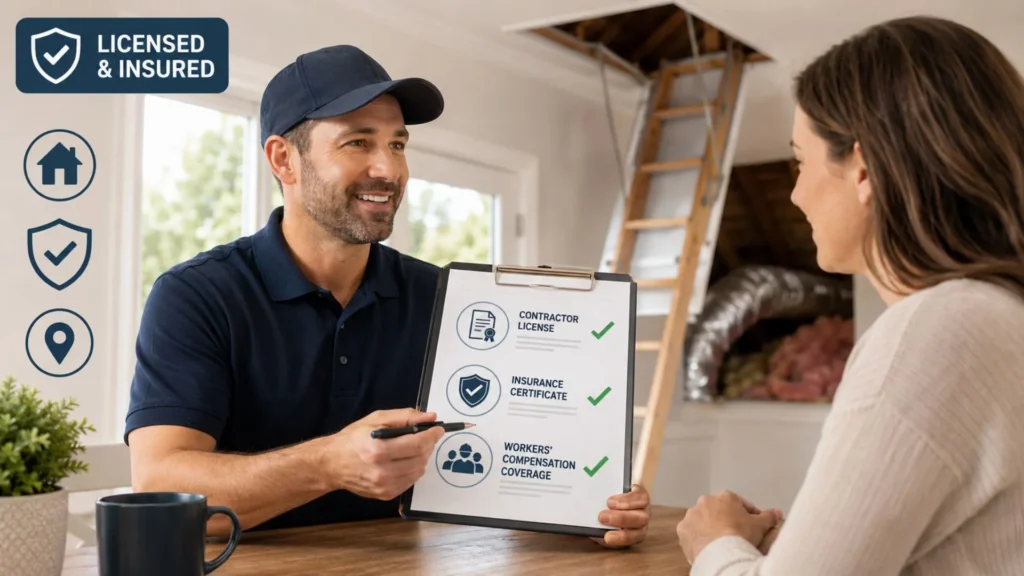Licensed contractor reviewing insurance and attic project details.