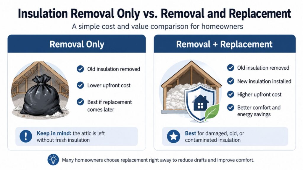 Insulation removal only vs. removal and replacement cost comparison.