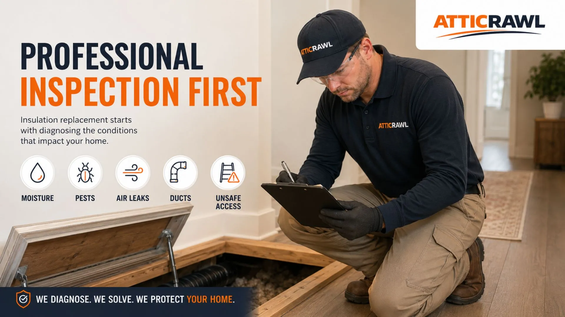 Professional inspecting attic access with insulation replacement checklist.