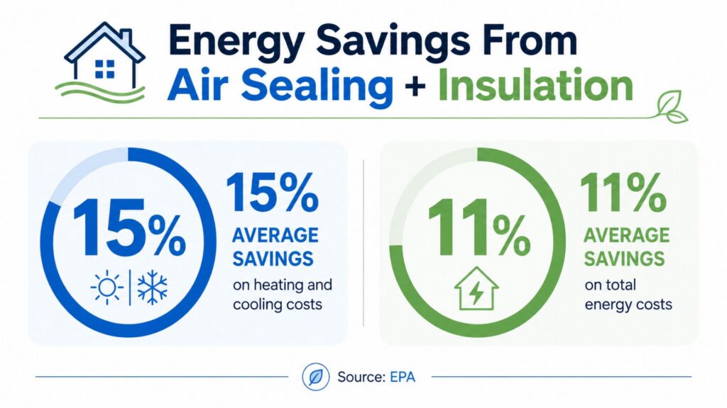 Infographic showing 15% heating and cooling savings and 11% total energy savings.