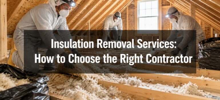 Professional insulation removal services team removing attic insulation safely.