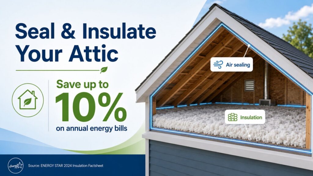 Seal and insulate your attic to save up to 10% on annual energy bills.