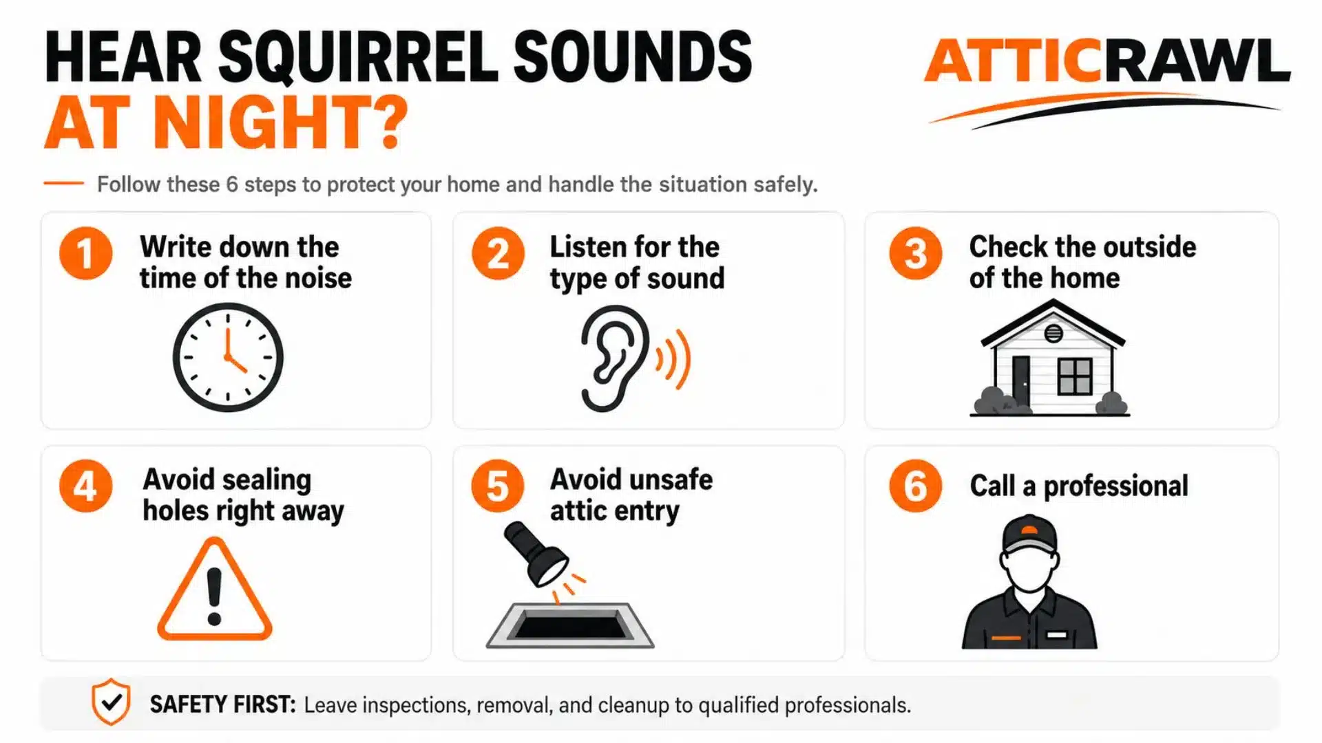 Six-step chart for responding to squirrel sounds in the attic at night.