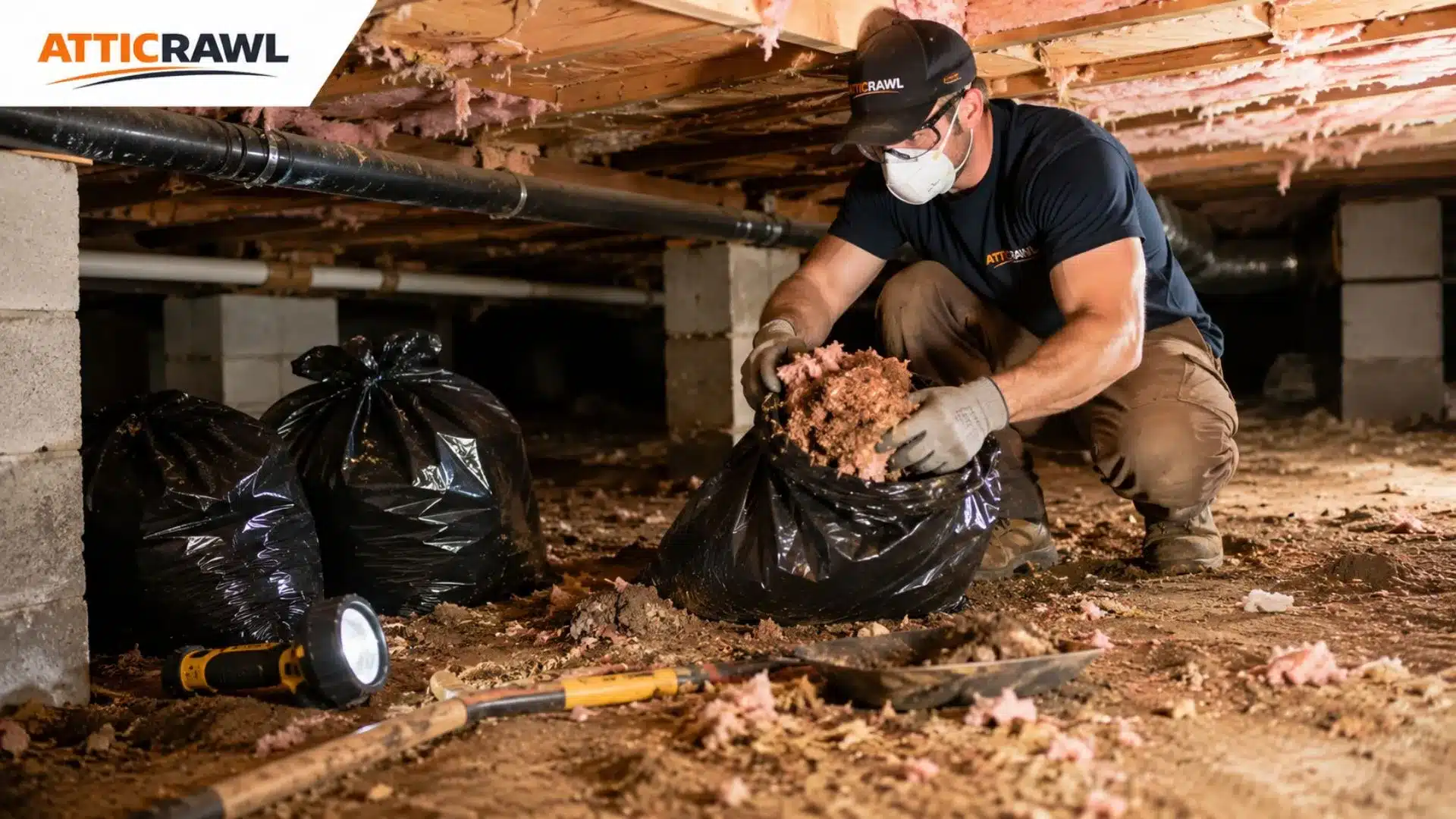 Worker cleaning crawl space and removing damaged insulation before sealing.