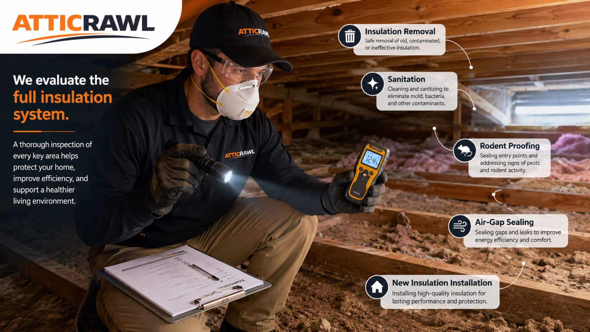 Atticrawl technician inspecting attic insulation and moisture conditions.