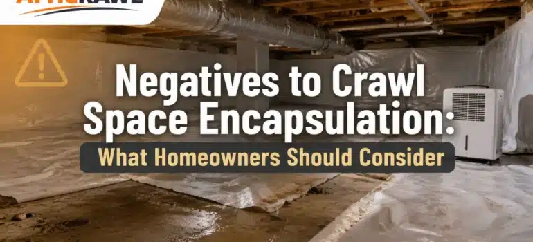 Partially encapsulated crawl space with moisture and dehumidifier warning.