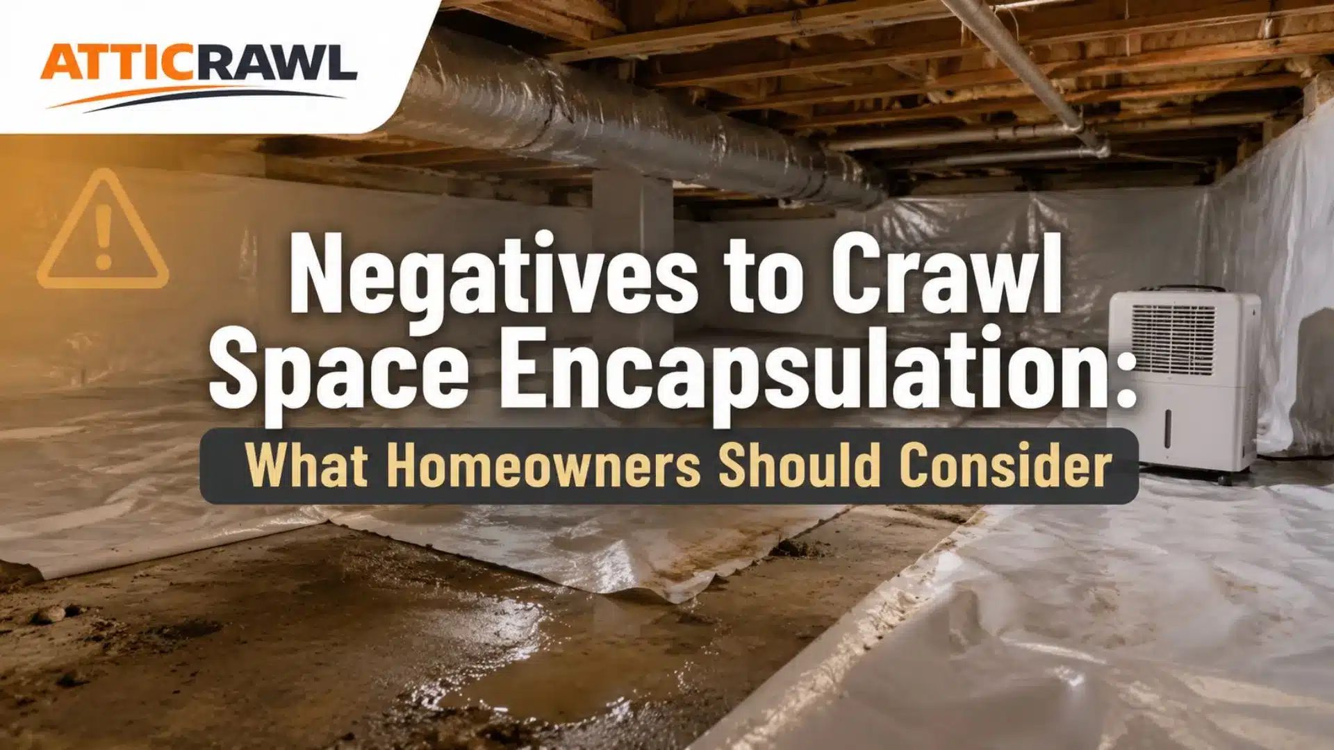 Partially encapsulated crawl space with moisture and dehumidifier warning.