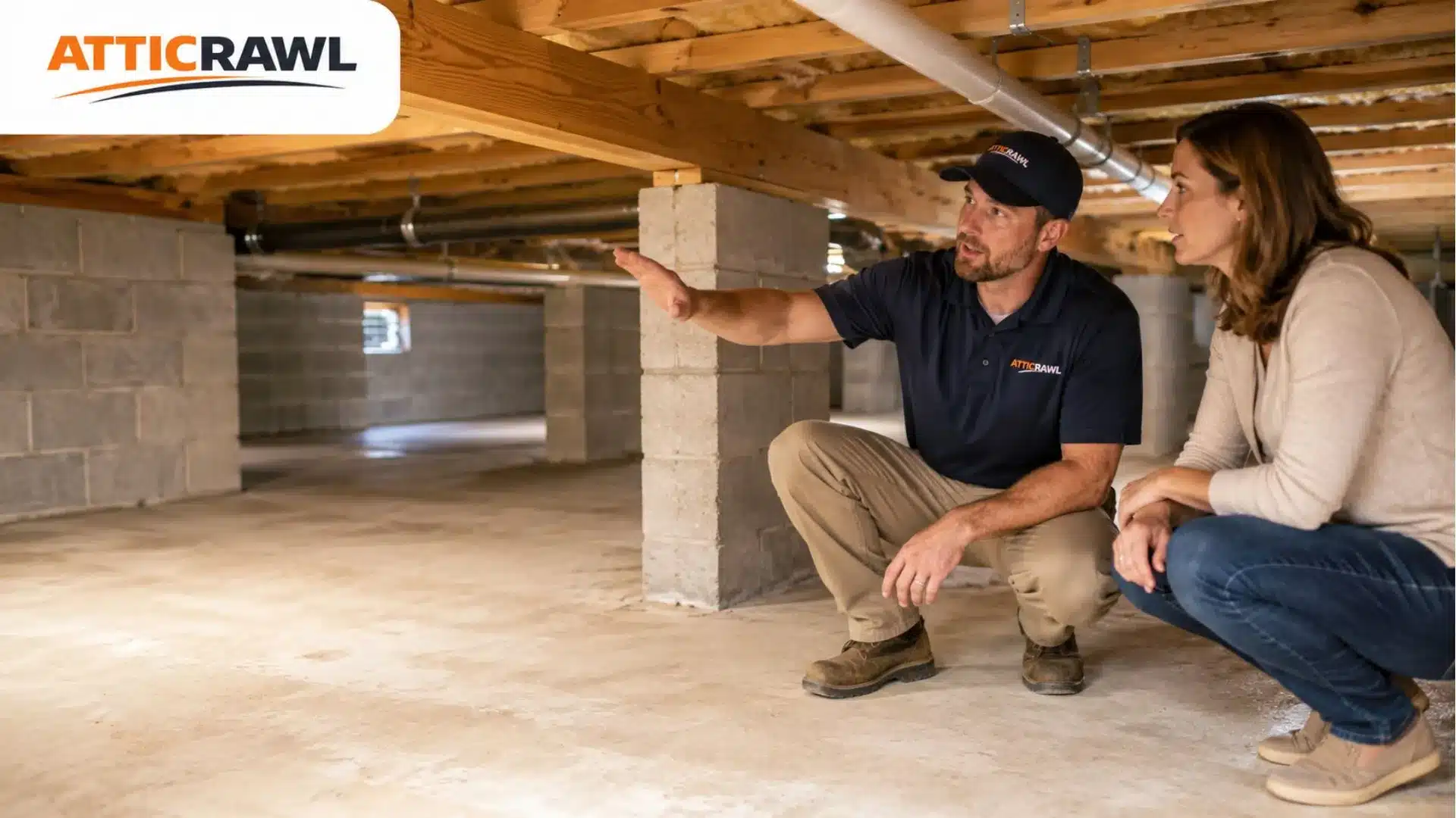 Contractor inspecting a clean crawl space with homeowner before encapsulation.