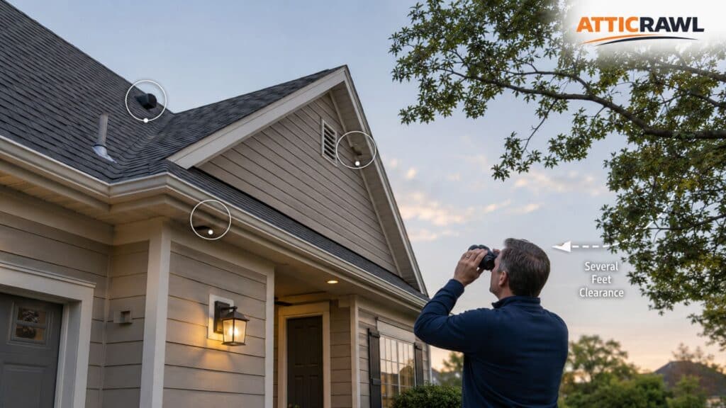 Homeowner safely inspects roofline from the ground for attic entry points.