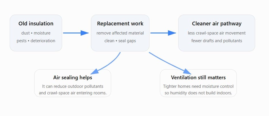 Diagram showing how insulation replacement supports cleaner indoor air.