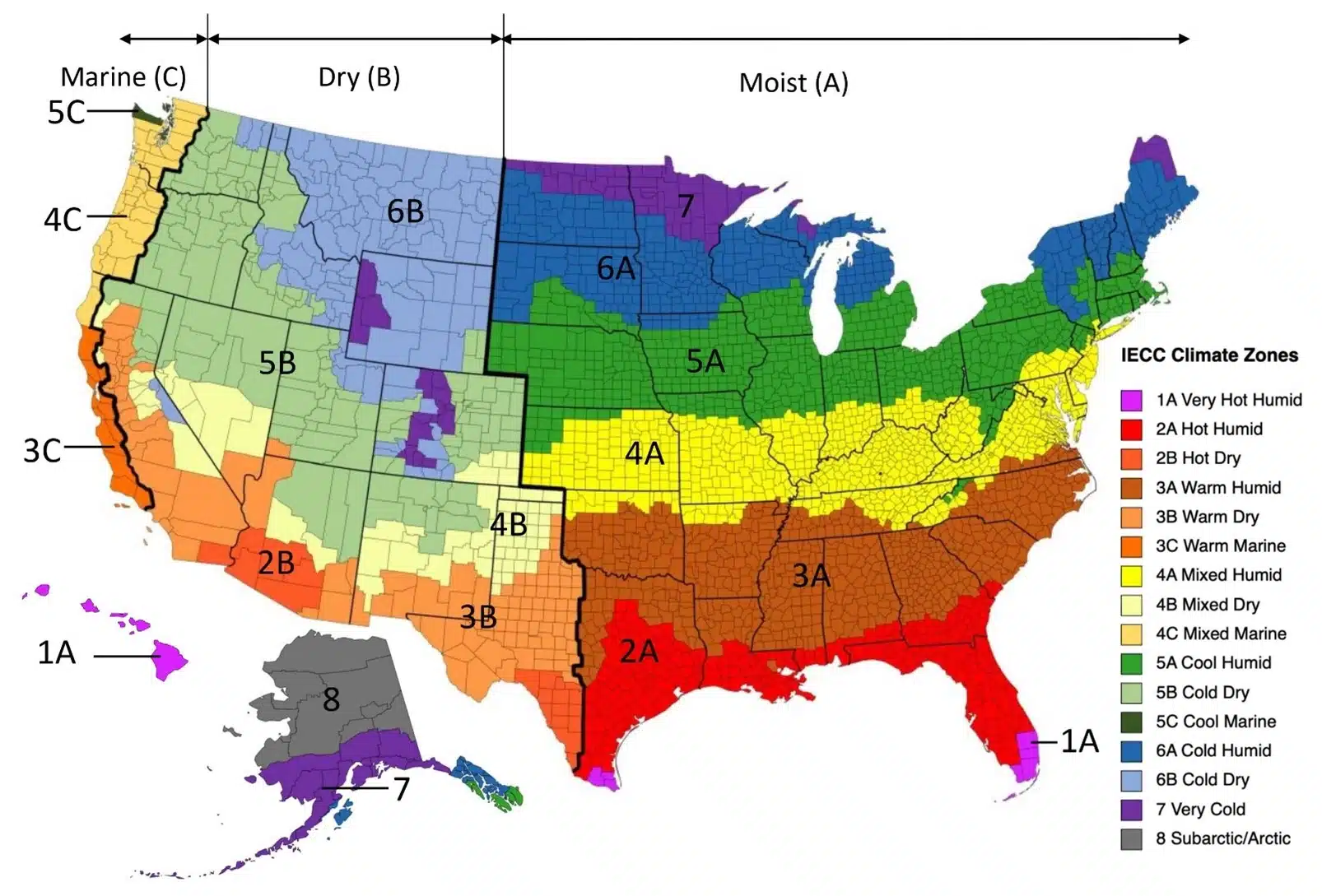 A color-coded U.S. map shows IECC climate zones across the continental states, Alaska, Hawaii, and parts of the Pacific Northwest coast. Zones range from 1A very hot and humid through 8 subarctic or Arctic, with separate labels for humid, dry, marine, cold, and mixed climates. The map also groups the country into broad moist, dry, and marine regions. This climate-zone layout helps homeowners and contractors match attic insulation levels and building requirements to local weather conditions.