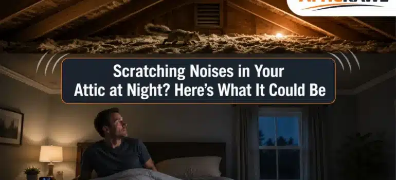 Homeowner hears nighttime attic noise while squirrel moves across attic insulation.