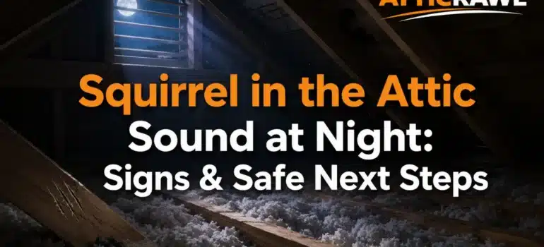 Moonlit attic showing signs of squirrel activity and attic insulation.