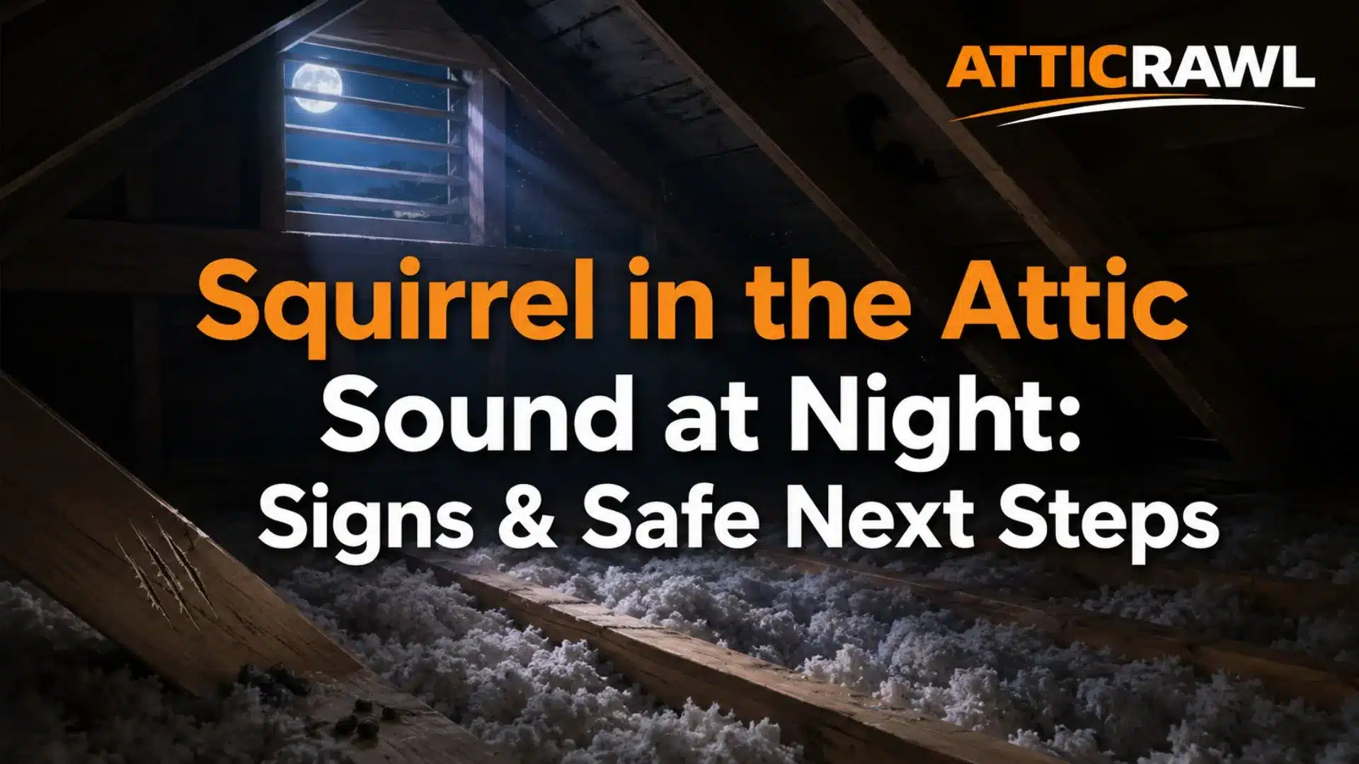 Moonlit attic showing signs of squirrel activity and attic insulation.