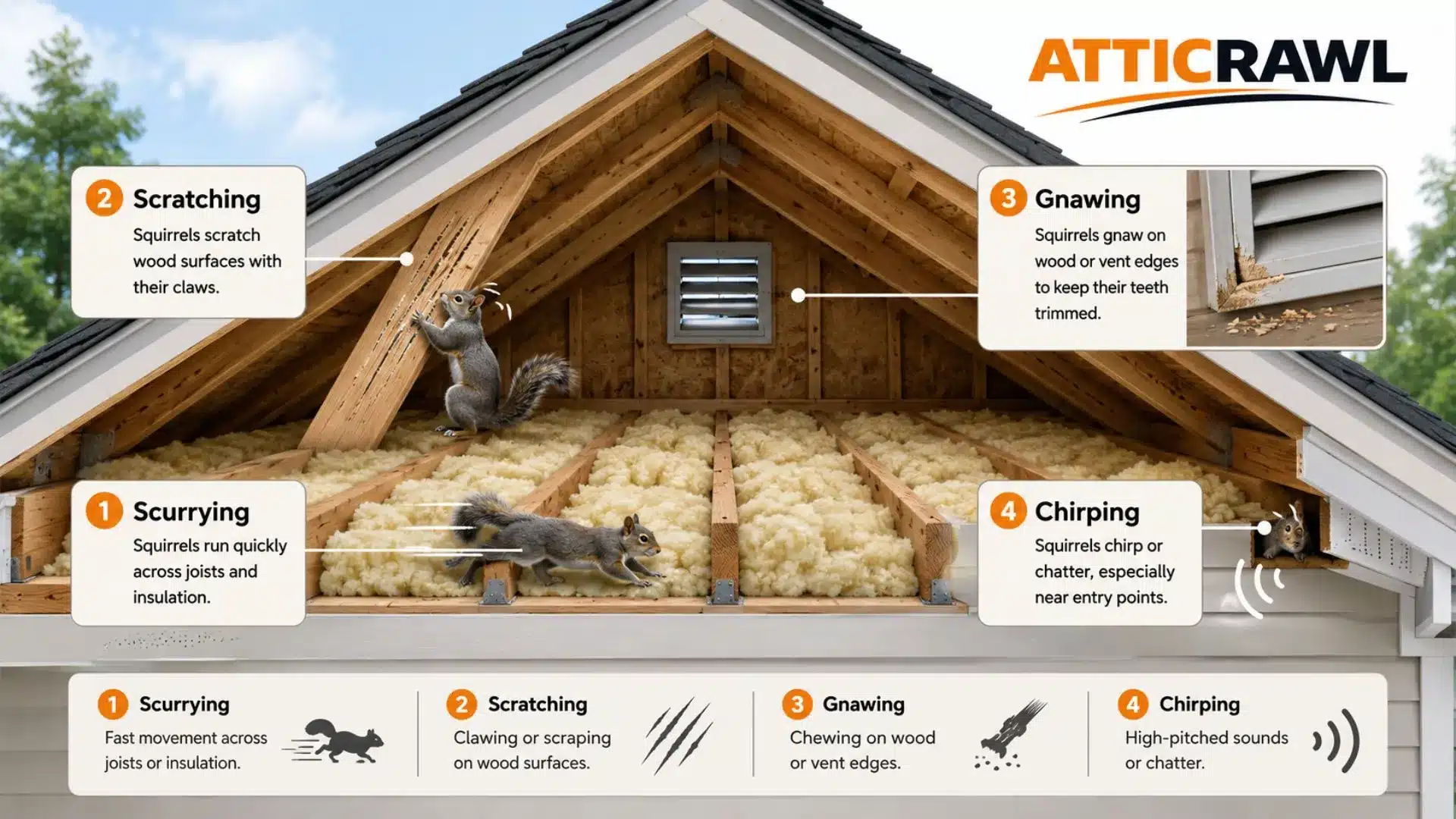 Diagram showing common squirrel sounds and attic activity clues.
