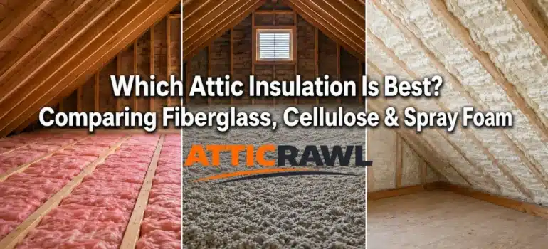 A split-screen attic comparison shows three common insulation types installed in separate sections. Pink fiberglass batts cover the left attic floor, while gray loose-fill cellulose fills the center section between wooden framing. White spray foam coats the roof deck and rafters on the right side. The image highlights how fiberglass, cellulose, and spray foam appear in a residential attic.
