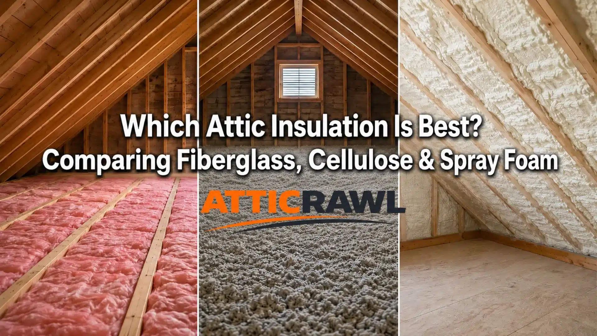 A split-screen attic comparison shows three common insulation types installed in separate sections. Pink fiberglass batts cover the left attic floor, while gray loose-fill cellulose fills the center section between wooden framing. White spray foam coats the roof deck and rafters on the right side. The image highlights how fiberglass, cellulose, and spray foam appear in a residential attic.