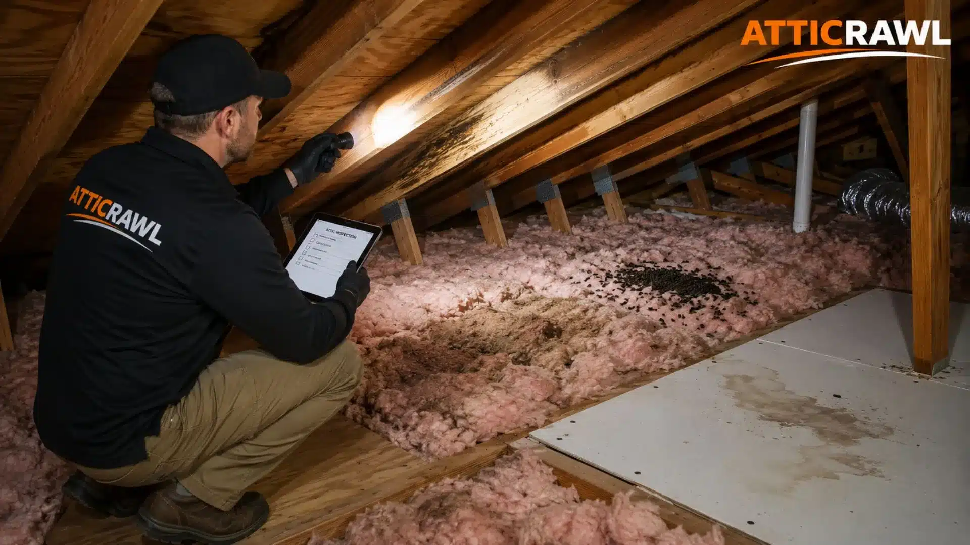 A technician inspects a residential attic with a flashlight and tablet, checking wooden rafters for staining and signs of damage after bat activity. The attic contains fiberglass insulation with localized areas of debris, droppings, discoloration, and compression that may require cleanup or replacement. Nearby drywall, ventilation components, and framing are also visible, showing the broader areas that should be evaluated during a post-bat attic inspection.