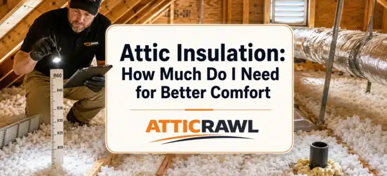 A professional attic insulation technician inspects loose-fill insulation inside a residential attic using a flashlight, tablet, and R-value depth gauge. The scene shows exposed wood framing, ventilation baffles, insulated ductwork, and areas of uneven insulation coverage across the attic floor. A sealed pipe penetration and visible insulation depth markers highlight the importance of checking air gaps, installation quality, and overall attic condition before adding more insulation.