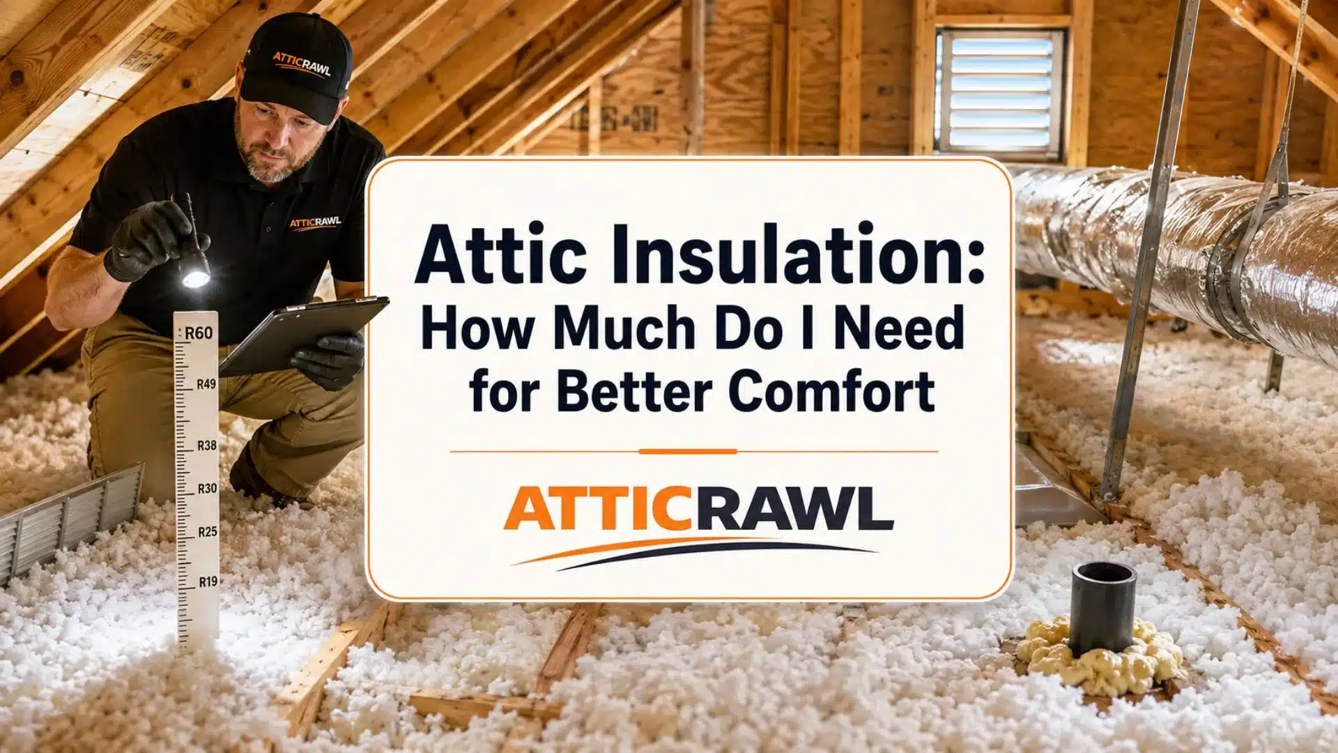 A professional attic insulation technician inspects loose-fill insulation inside a residential attic using a flashlight, tablet, and R-value depth gauge. The scene shows exposed wood framing, ventilation baffles, insulated ductwork, and areas of uneven insulation coverage across the attic floor. A sealed pipe penetration and visible insulation depth markers highlight the importance of checking air gaps, installation quality, and overall attic condition before adding more insulation.