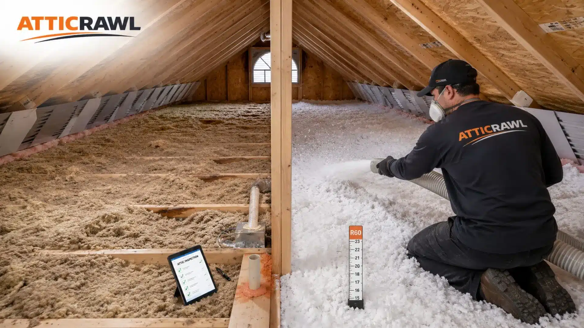 A professional attic insulation technician installs fresh blown-in insulation across the floor of a residential attic using an insulation hose. The scene compares older, uneven insulation with a newly installed layer that provides deeper and more consistent coverage. Visible ventilation baffles, an R-60 depth gauge, exposed wood framing, and an inspection tablet illustrate proper attic preparation, insulation depth measurement, and installation quality.