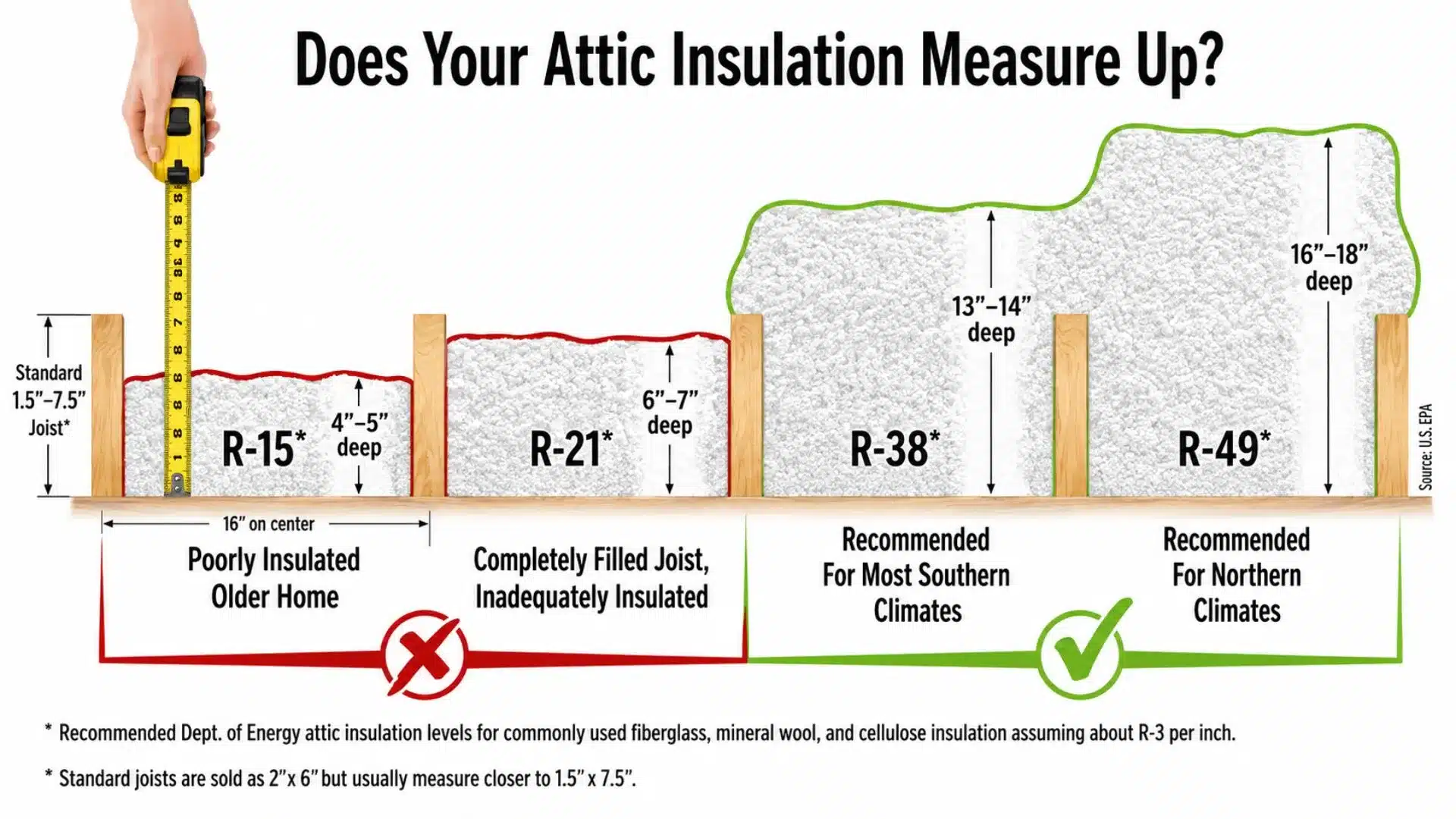 An attic insulation depth diagram compares R-15, R-21, R-38, and R-49 insulation levels installed between and above wooden ceiling joists. It shows approximately 4–5 inches for R-15, 6–7 inches for R-21, 13–14 inches for R-38, and 16–18 inches for R-49. Red and green indicators distinguish poorly insulated or inadequate attic coverage from deeper insulation levels recommended for southern and northern climates.