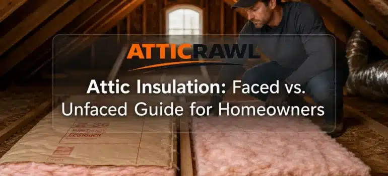 A technician kneels inside a wood-framed attic while comparing two fiberglass insulation options installed between the floor joists. The left side shows faced insulation with kraft-paper backing, while the right side shows exposed pink unfaced fiberglass batts. Visible rafters, attic flooring, a small window, and metal ductwork provide context for a residential attic insulation project