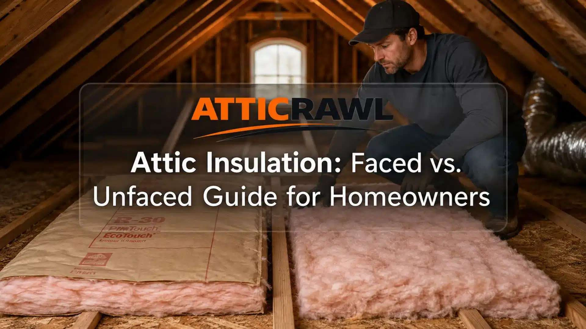A technician kneels inside a wood-framed attic while comparing two fiberglass insulation options installed between the floor joists. The left side shows faced insulation with kraft-paper backing, while the right side shows exposed pink unfaced fiberglass batts. Visible rafters, attic flooring, a small window, and metal ductwork provide context for a residential attic insulation project
