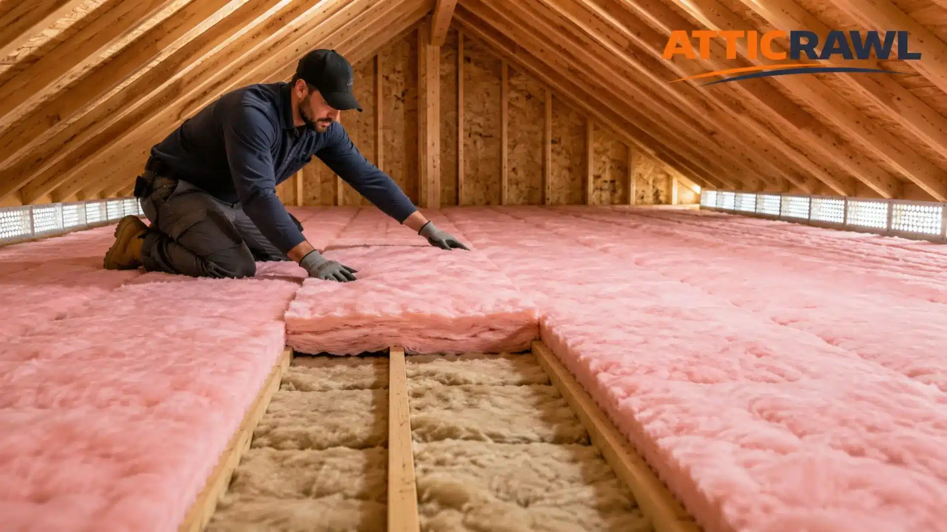 A technician installs a new layer of unfaced pink fiberglass batts across an attic floor over clean, evenly distributed older insulation. The upper batts run perpendicular to the exposed wooden joists, while an unfinished section reveals the original insulation underneath. Clear ventilation openings remain visible along the eaves, and the attic appears dry, organized, and free from debris or contamination