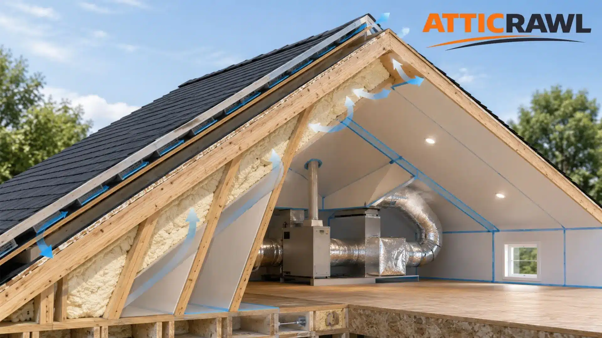 A cutaway view shows a conditioned attic with spray foam insulation installed along the roof rafters and ventilation channels beneath the roof deck. Blue arrows illustrate controlled airflow moving from the eaves toward the roof ridge, while sealed panel joints form a continuous air barrier around the attic. HVAC equipment and insulated ductwork sit inside the finished attic space, showing how insulation, ventilation, and mechanical systems work together.