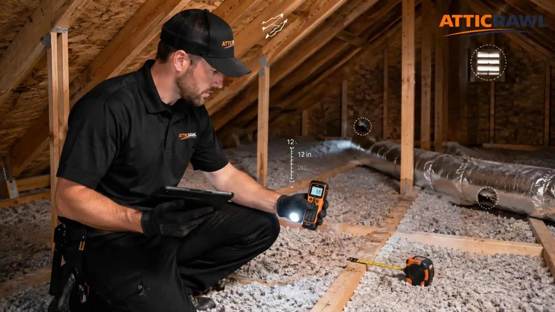 An attic insulation technician kneels between wooden joists while checking moisture levels with a handheld meter and reviewing inspection details on a tablet. Loose-fill insulation covers the attic floor, with exposed framing, ventilation openings, and flexible ductwork visible throughout the space. A measuring tape and subtle inspection markers highlight insulation depth, airflow, duct condition, and possible entry points that may affect the project estimate.