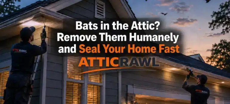 Two technicians inspect and seal the roofline of a residential home at dusk while several bats fly away from the attic area. One technician uses a flashlight to examine the soffit and upper roof edge, while the other works near the eaves where bats may have been entering. The scene represents professional bat exclusion, roof-gap sealing, and prevention work designed to keep bats from returning to the attic.