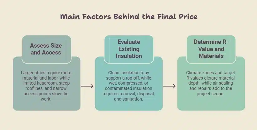 A three-step infographic explains the main factors that influence attic insulation pricing. The first panel covers attic size and access, including material needs, labor, limited headroom, steep rooflines, and narrow entry points. The second panel explains how clean insulation may allow a top-off, while wet, compressed, or contaminated material may require removal and sanitation. The final panel shows how climate zone, target R-value, material depth, air sealing, and repairs can increase the overall project scope.