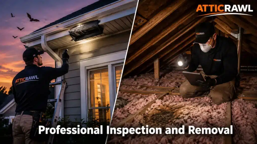 A split-scene image shows a professional attic inspection and bat removal process at a residential home. On the left, a technician inspects the roofline and soffit area near a bat exclusion device while several bats fly outside at dusk. On the right, another technician examines attic insulation, wood framing, and contaminated areas with a flashlight and tablet. The scene highlights exterior entry-point inspection, humane bat exclusion, and evaluation of the attic for cleanup or restoration.