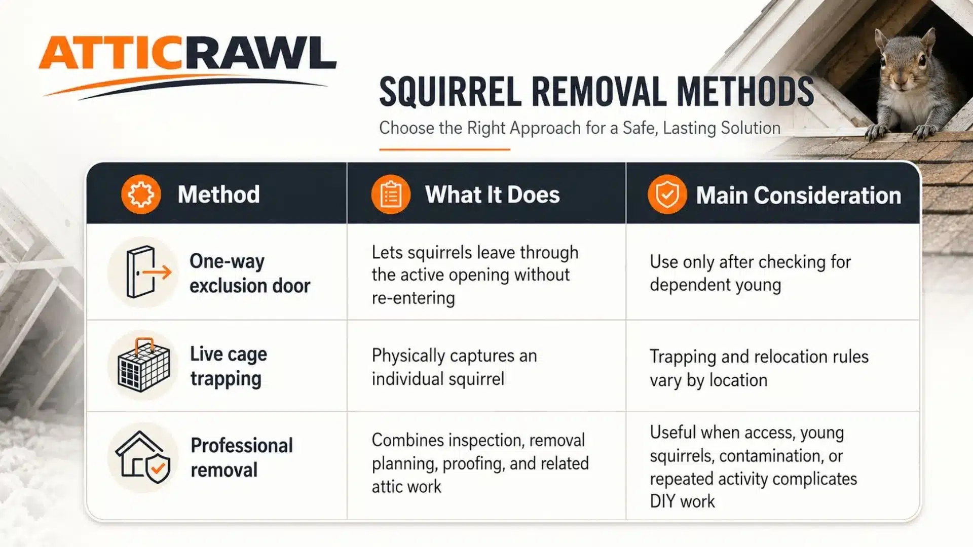 A squirrel removal comparison graphic shows three approaches for handling squirrels in an attic, including a one-way exclusion door, live cage trapping, and professional removal. The table explains that exclusion allows squirrels to leave without re-entering, while cage traps capture individual animals and professional service can combine inspection, removal planning, proofing, and attic work. It also highlights key considerations such as checking for dependent young, following local trapping and relocation rules, and using professional help when access, contamination, or repeated activity makes DIY removal difficult.