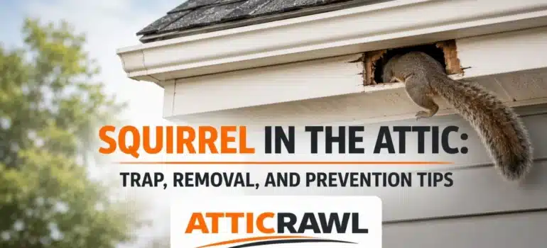 A gray squirrel is entering a suburban home through a damaged opening beneath the roofline near the soffit and fascia. The exposed entry point shows where wildlife can gain access to an attic from the exterior of the house. The scene highlights a common squirrel intrusion area around the eaves, with roof shingles, siding, and nearby trees visible in the background.