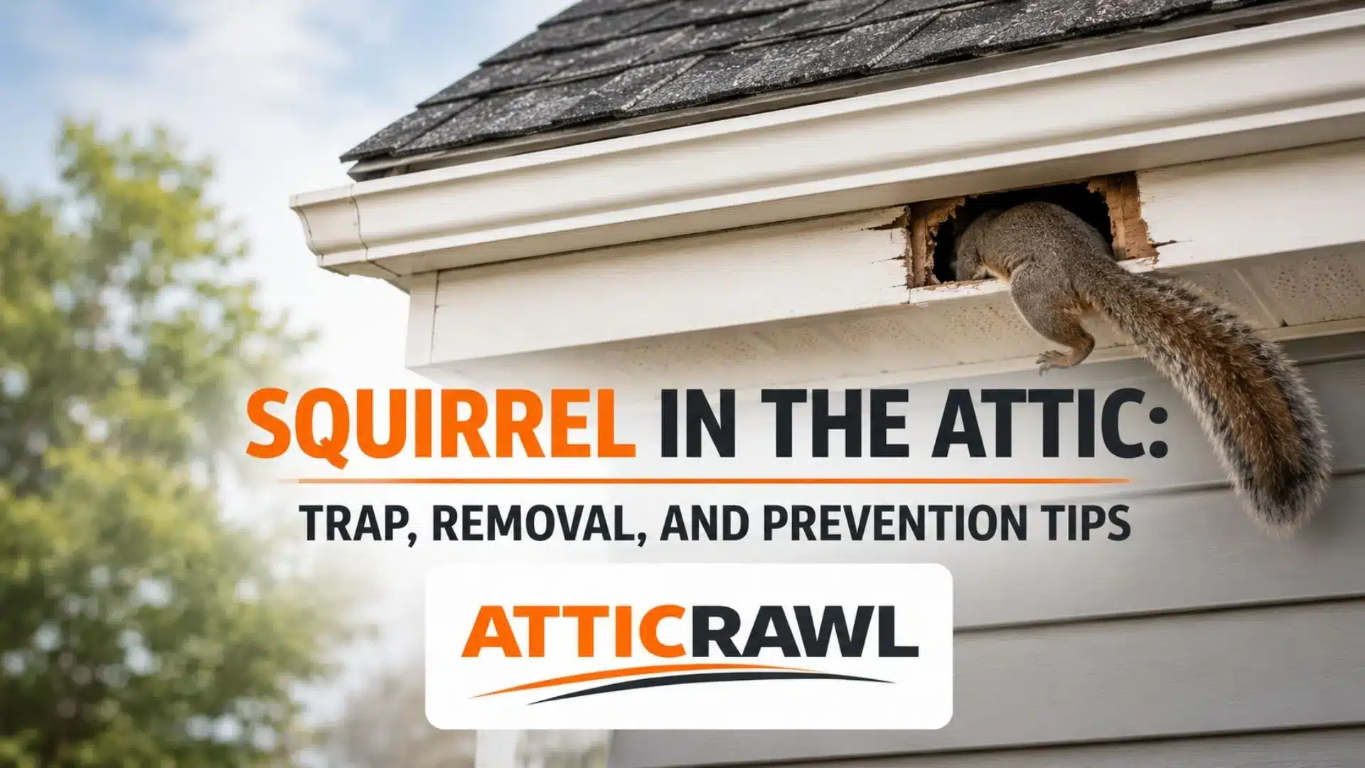 A gray squirrel is entering a suburban home through a damaged opening beneath the roofline near the soffit and fascia. The exposed entry point shows where wildlife can gain access to an attic from the exterior of the house. The scene highlights a common squirrel intrusion area around the eaves, with roof shingles, siding, and nearby trees visible in the background.