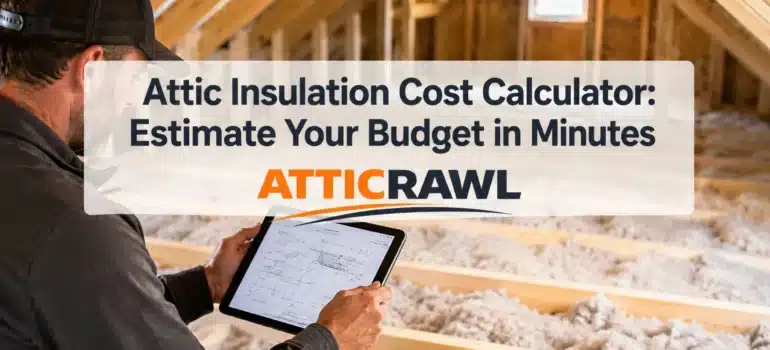 A contractor sits inside a wood-framed attic while reviewing insulation plans and measurements on a tablet. Loose-fill insulation is spread between the floor joists, with exposed rafters and attic framing visible throughout the space. The scene represents attic insulation cost planning, project measurement, and budget preparation before professional installation begins.
